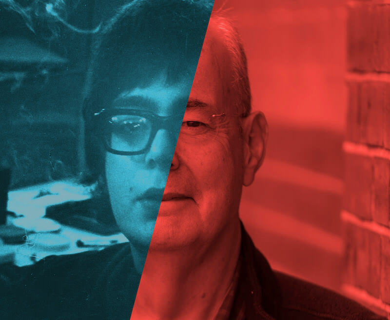 A collaged image of a man, sliced down the middle by a blue and red overlay.