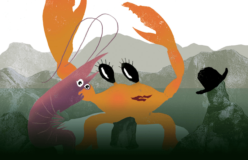 A graphic drawing of a crab and shrimp in a Rockpool