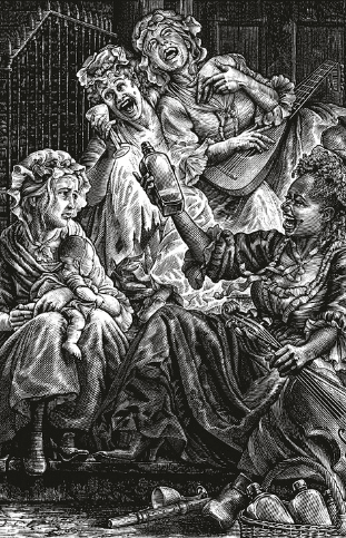 An illustrated drawing of women drinking, laughing and playing music, one woman is holding a baby.