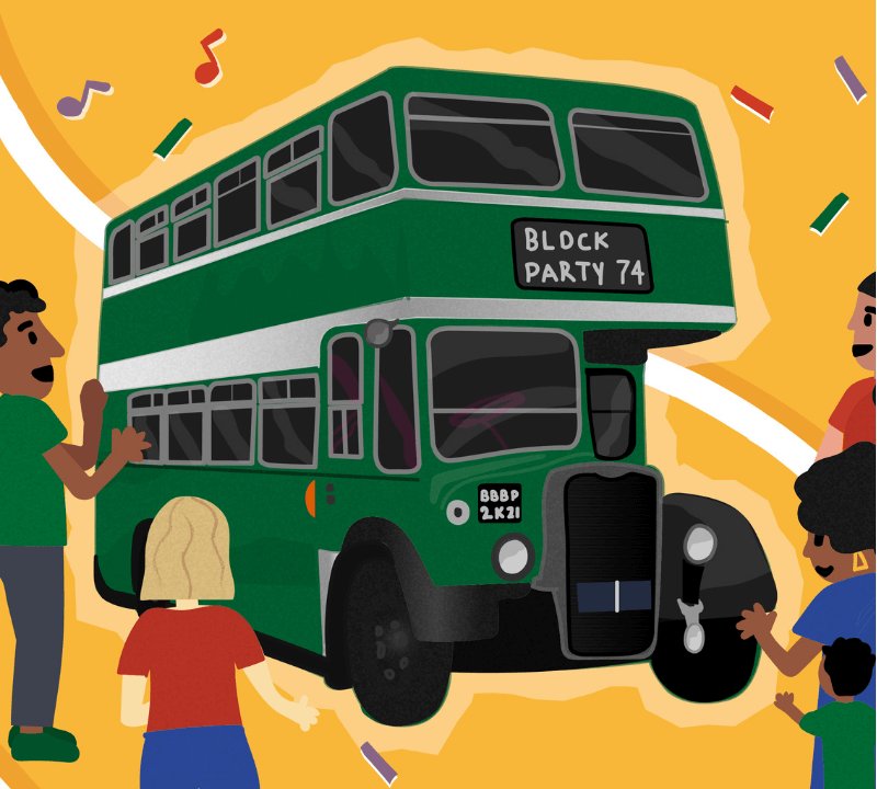 Illustrated drawing of a green double decker bus against a yellow background, surrounded by several people.