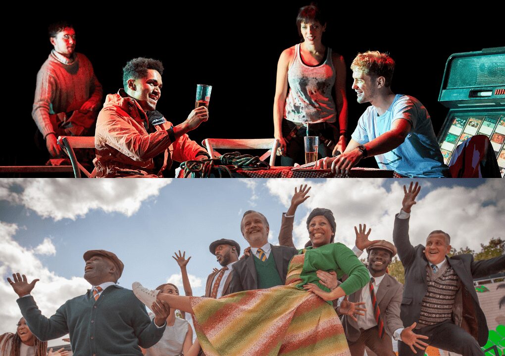 Horizontally split image. The top is a production shot from Touching the Void. The bottom production shot is from To The Streets!
